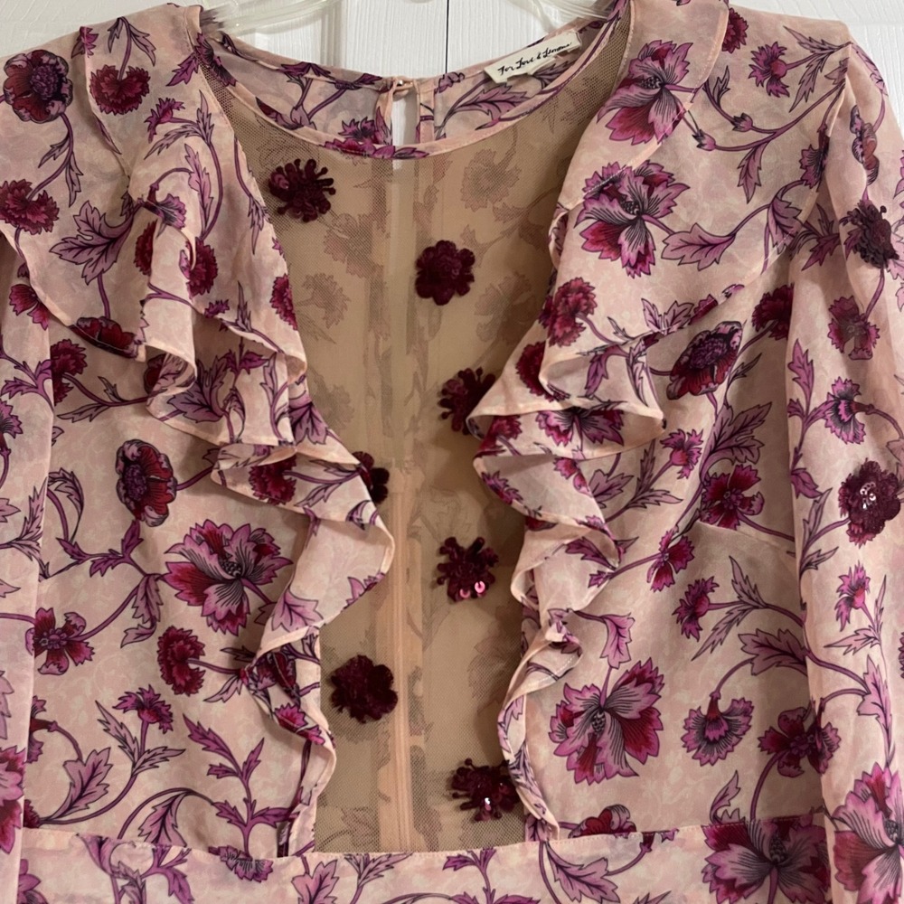 For Love and Lemons Floral Mesh Ruffle Agnes Mini Dress Pink Burgundy Sleeve L - Picture 5 of 16
